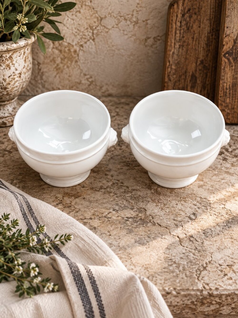 Set of 2 New Pillivuyt France Lion Head Soup Bowls Footed Ironstone Mini Tureens - Picture 7 of 11
